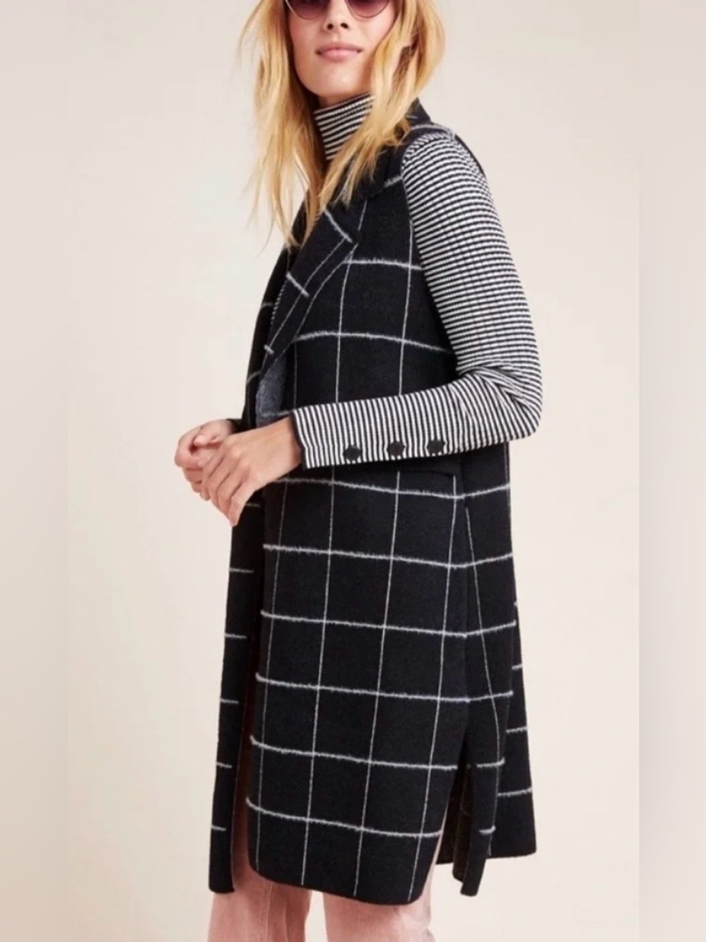 Anthropologie Quinn Windowpane Longline Duster Vest Black White One Size